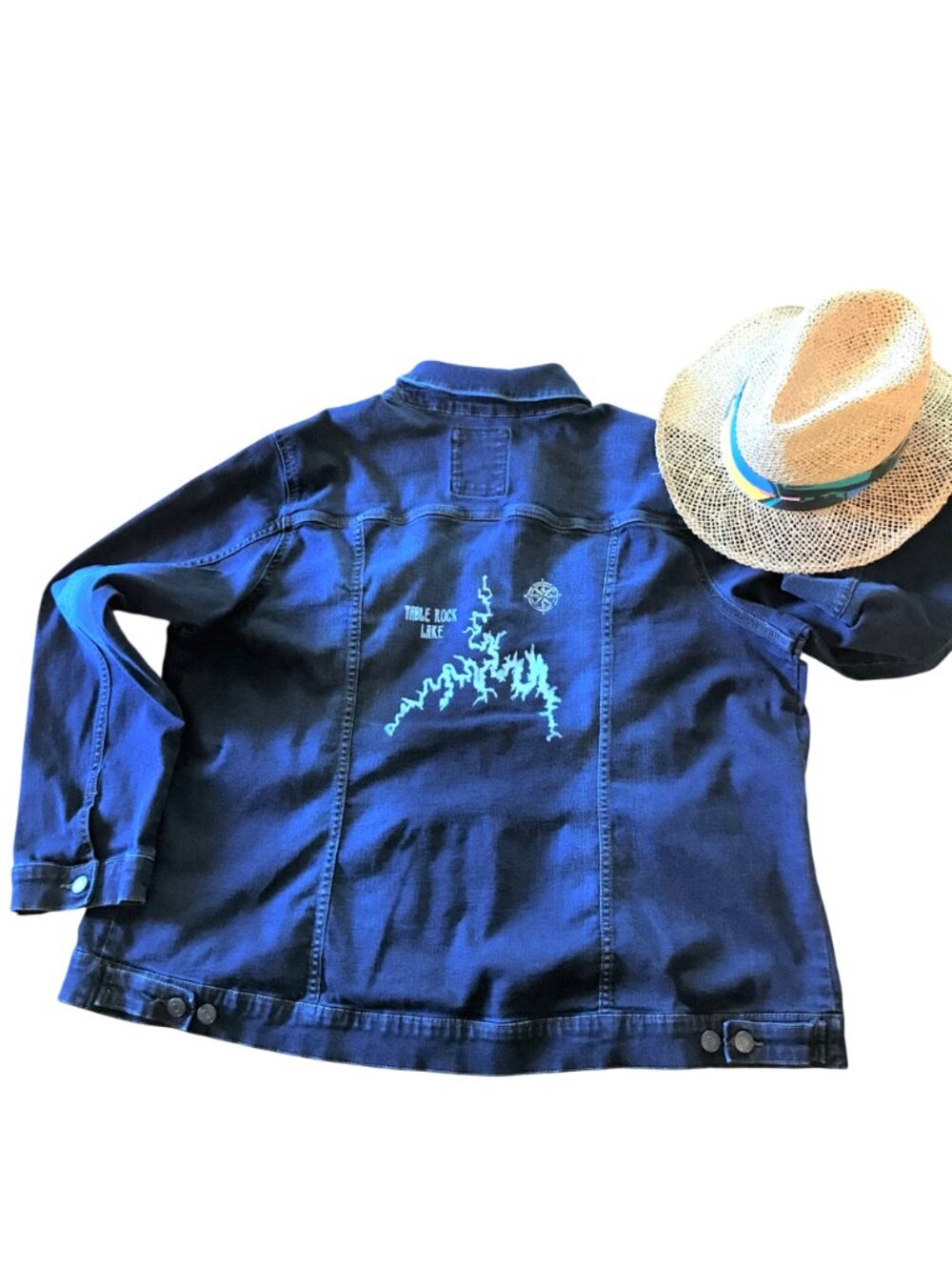 Table Rock Lake Hand Painted Jean Jacket w/ TRL Map Denim Coat Plus Size 2X